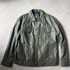 Olive Green Genuine Leather Trucker Jacket